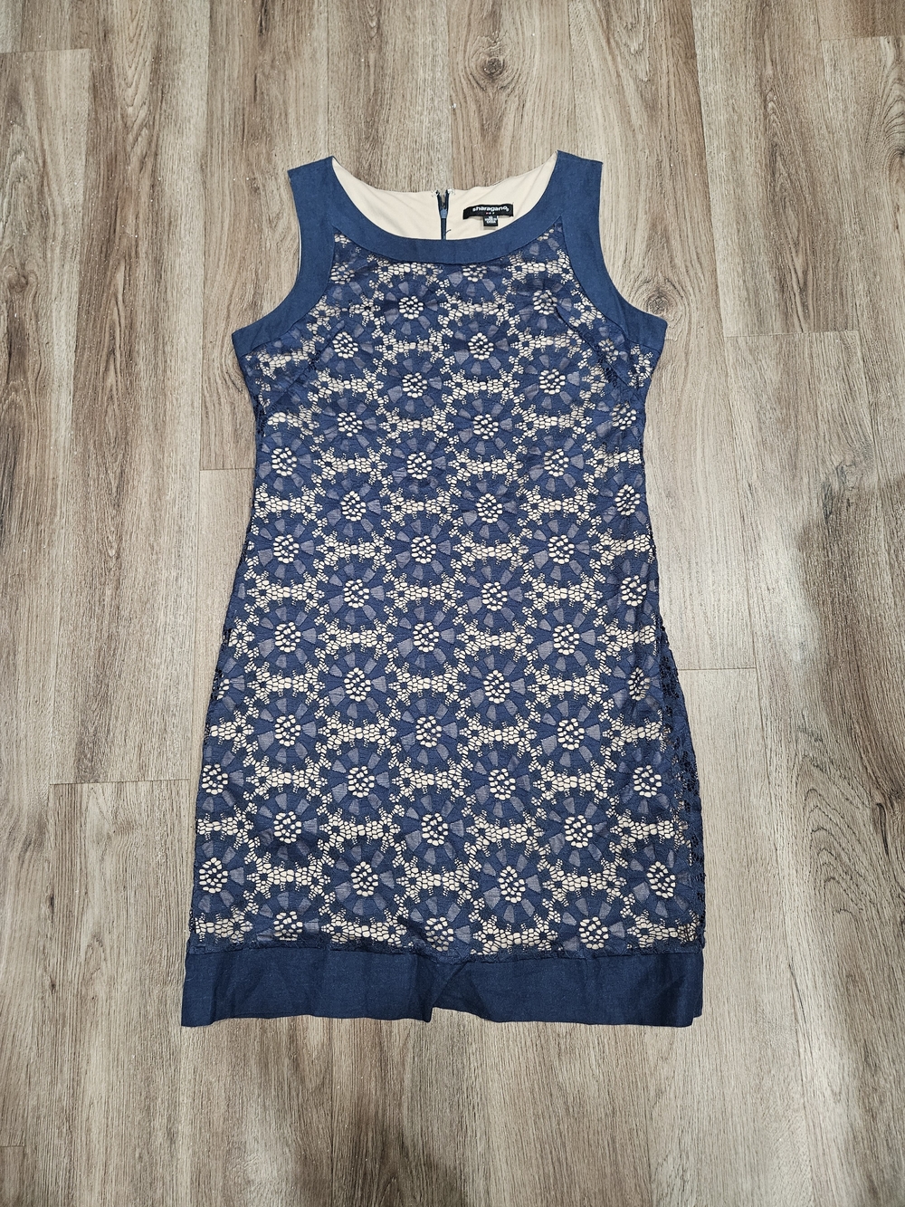 Sharagano Navy Lace-Overlay Midi Dress with Cream Lining